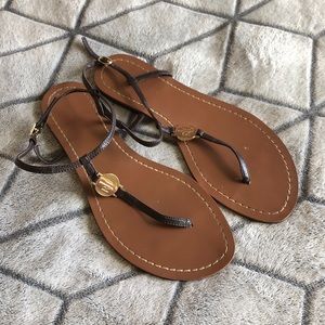Ralph Lauren Brown Leather T Strap Coin Sandals